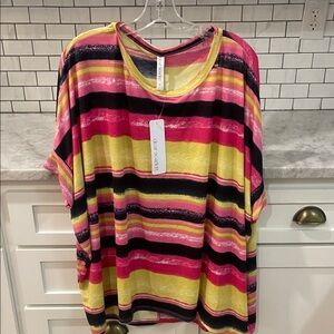 Dear Scarlett Tunic Womens XL Yellow Pink Striped Tee Shirt New Tags Boho Beach